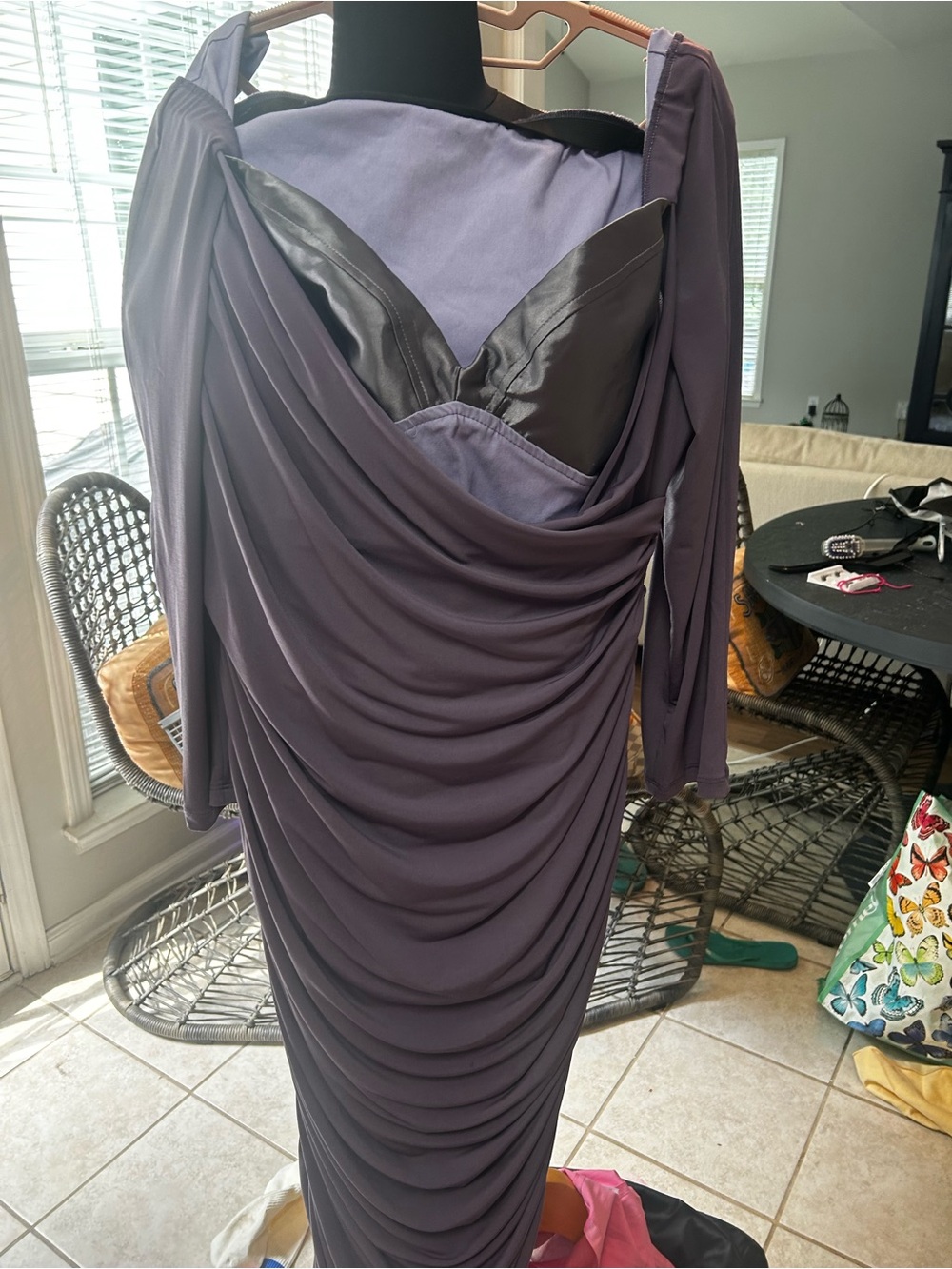 Elegant Draped Long-Sleeve Evening Dress in Lavender Purple